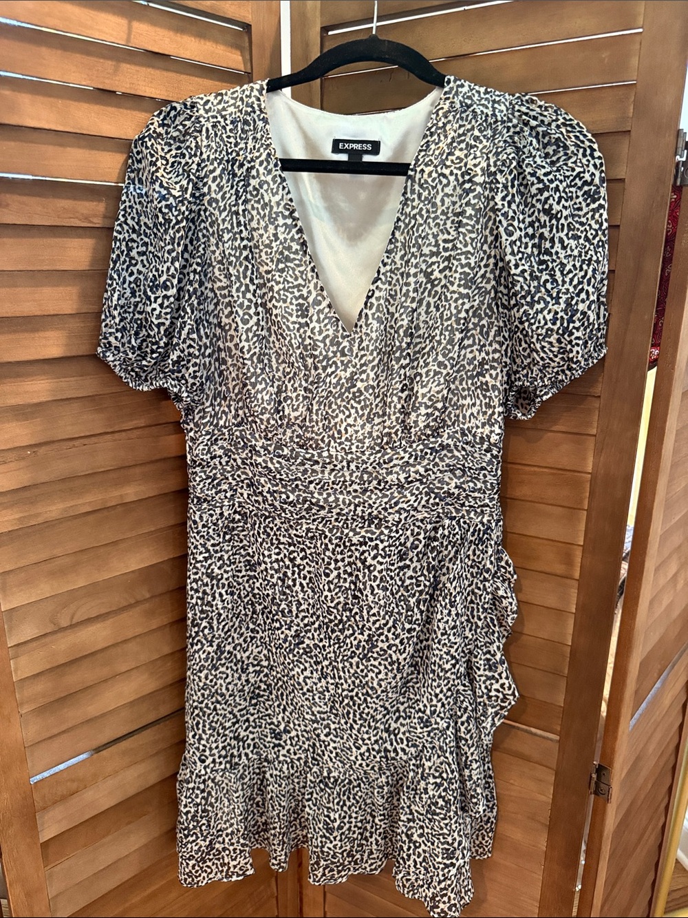 Express Black and Cream Leopard Print V-Neck Ruffle Dress
